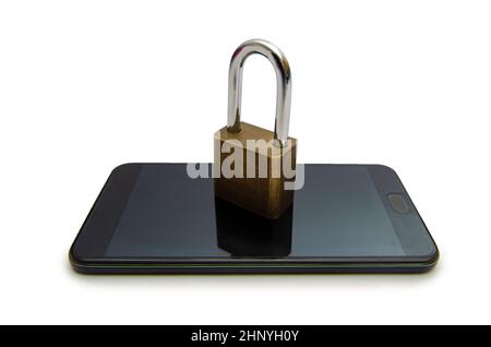 Isolate Unlocked smartphone lock Internet phone hand  press the phone to communicate in the Internet. Cyber security concept hand protection network w Stock Photo
