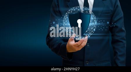 Earth polygon mesh planet World Businessmen shake hands to protect information in cyberspace. Businessman holding shield protect icon protection netwo Stock Photo
