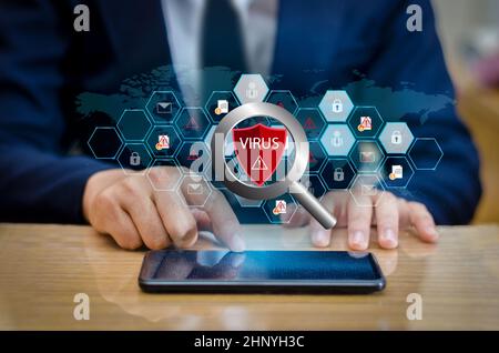 Red Shield Virus Internet phone Smartphone is protected from hacker attacks, Firewall Businesspeople press the protected phone on the internet. space Stock Photo