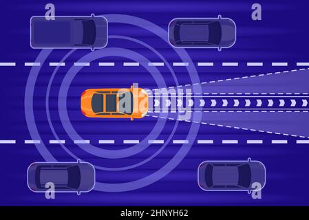 Smart autonomous car drive in traffic top view. Future car with radar technology system scan city road. Auto electric transport vector scene. Illustra Stock Vector