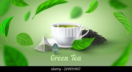Advertising poster with realistic green tea cup, bag and leaves. Morning hot herbal beverage for breakfast. Natural tea vector background. Illustratio Stock Vector