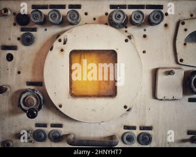 Vintage switch control panel with many buttons in factory manufacturing. Stock Photo