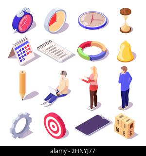 Time management isometric icon set, flat vector isolated illustration. Stock Vector