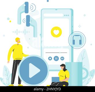 People listening to music, radio program or podcasts online, vector illustration. Podcasting. Stock Vector