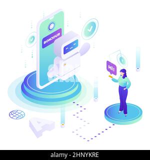 Woman using chatbot translation mobile app, flat vector isometric illustration. AI chatbot translator. Stock Vector