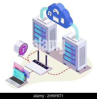 Server racks, wifi router, laptop computer and cloud, vector isometric illustration. Cloud hosting internet speed. Stock Vector