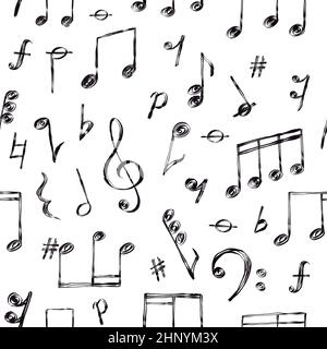 Doodle music notes, signs and clefs, melody seamless pattern. Hand drawn sketch song sound symbols wallpaper. Musical notation vector print. Illustrat Stock Vector