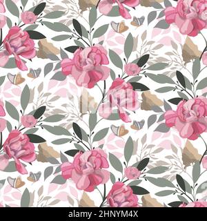 Vector floral seamless pattern. Pink flowers and butterflies. Stock Vector
