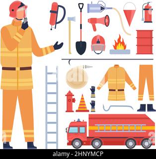 Cartoon fireman character in uniform, firefighter equipment and tools. Water hose, fire engine, extinguisher, helmet and hydrant vector set. Illustrat Stock Vector