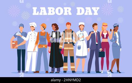 Happy labor day poster with people workers in profession uniform. International job work holiday. Diverse characters employee vector banner. Illustrat Stock Vector