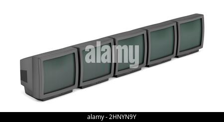 Five CRT TV's in a row on white background Stock Photo