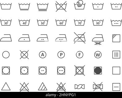 Laundry label instruction line icons for clothes fabric. Hand washing, drying, temperature and ironing. Textile cleaning symbol vector set. Illustrati Stock Vector