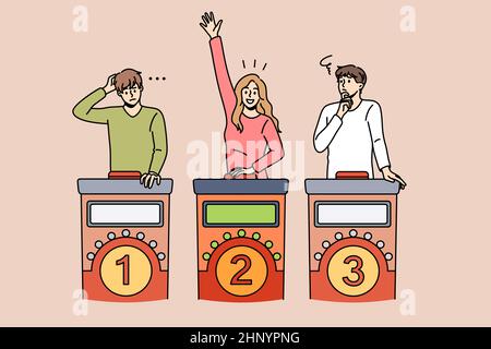 Entertainment and leisure game concept. Group of young smiling people standing playing game guessing something woman raising hand vector illustration Stock Photo