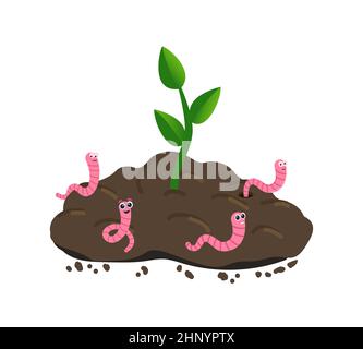 Small plant growing in the ground and Earthworm. Worm and young green plant. Stock Vector