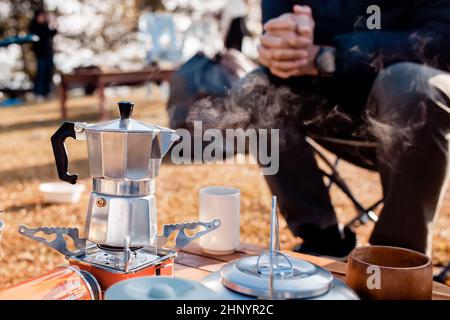 Coffee cup ,moka pot, with mountain and 