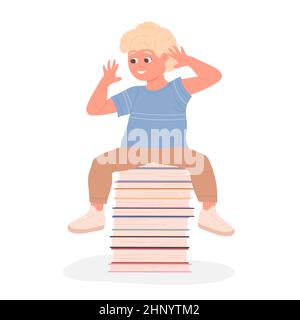 Blonde cute little boy sitting on stack of books. School development and educational materials cartoon vector illustration Stock Vector