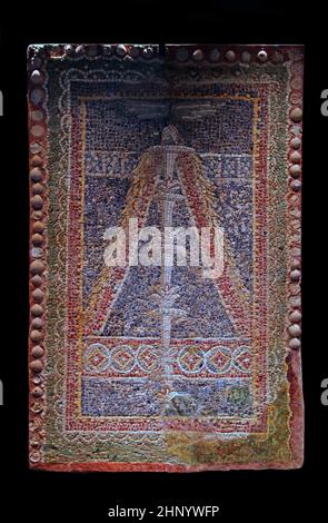 Ancient Roman polychrome wall mosaic (mid 1st century AD), constructed using tesserae of glass, limestone, and sea shells, originally discovered at an aristocratic domus on Via San Nicola de Tolentino in Rome and featuring intricate geometric patterns, columns, and a central decorative candelabrum motif Stock Photo