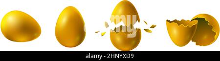 Realistic broken and exploded easter golden chicken eggs. Surprise egg gift with gold eggshell. Luxury, money and success concept vector set. Financia Stock Vector