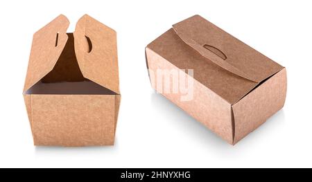 The Brown opened  paper food box isolated on white background with clipping path Stock Photo