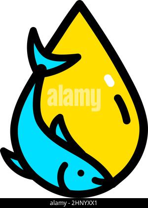 Fish oil flat icon. Vitamin omega 3 colored template. Drops and fish color silhouette. Simple style logo isolated on white background. Treatment nutri Stock Vector
