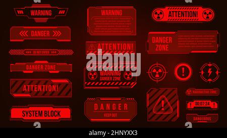 Futuristic HUD danger zone and alert caution screens. Warning and attention red hologram frames and signs. Cyber interface alarm vector set of alert s Stock Vector