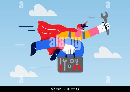 Happy motivated mechanic as superhero old key fly to client or customer. Smiling plumber or technician worker ready to help. Good quality service conc Stock Photo