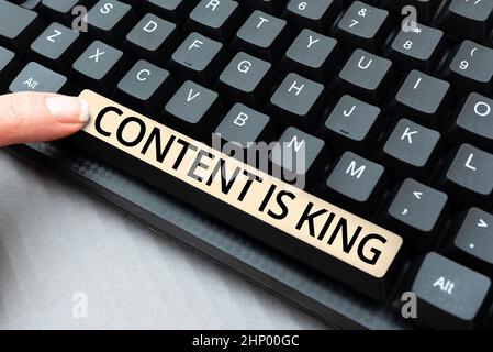 Text showing inspiration Content Is King, Internet Concept marketing focused growing visibility non paid search results Converting Analog Data To Digi Stock Photo