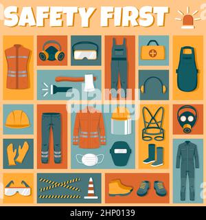 Protective Uniforms Flat Icons Set. hard hat, safety gloves, glasses, high visibility vest, work clothing and safety boots. Safety equipment and PPE c Stock Photo