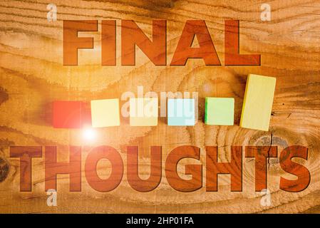 Handwriting text Final Thoughts, Conceptual photo should be last few sentences within your conclusions Stack of Sample Cube Rectangular Boxes On Surfa Stock Photo