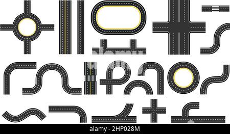 City road and highway top view, elements for map. Crossroads, motorway bend, twists and traffic circles. Street roads plan kit vector set. Road parts Stock Vector