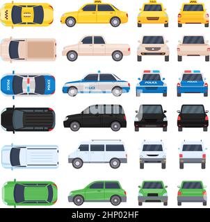 Flat cars, police and taxi top, side, back and front view. Cartoon auto transport, pickup, suv and minivan views. Vehicle behind vector set of taxi an Stock Vector
