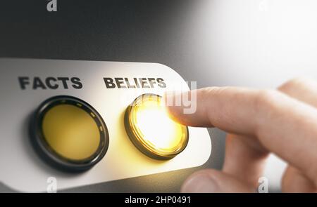 Finger pressing a button with the word beliefs intead of facts during a cognitive psychological experiment. Composite image between a hand photography Stock Photo