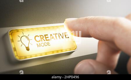 Finger pressing a rectangular button with the text creative mode. Creativity concept. Composite image between a hand photography and a 3D background. Stock Photo