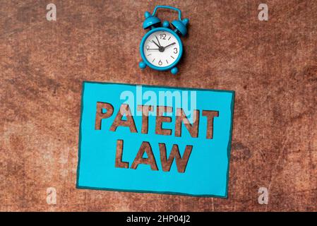 Text showing inspiration Patent Law, Business idea deals with an inventor s is exclusive right to use own invention Time Managment Plans For Progressi Stock Photo