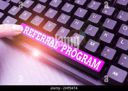 Conceptual display Referral Program, Word for internal recruitment method employed by organizations Typing Character Background Story, Creating New So Stock Photo
