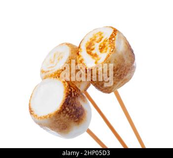 Grilled marshmallows on sticks isolated on white Stock Photo