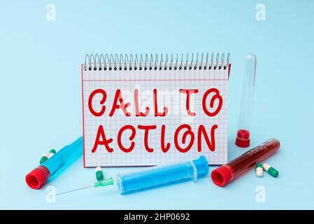 Text caption presenting Call To Action, Word for exhortation do something in order achieve aim with problem Writing Important Medical Notes Laboratory Stock Photo