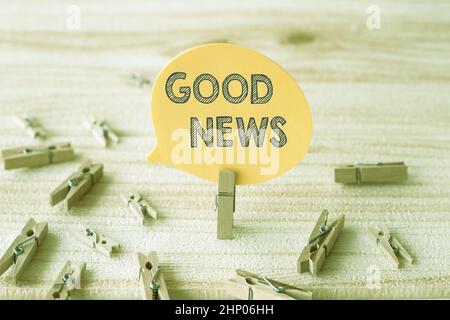 Conceptual caption Good News, Word Written on Someone or something positive Encouraging uplifting or desirable Piece Of Blank Speech Bubble Surrounded Stock Photo