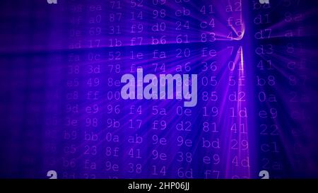 Colorful digital data digits and streaming source code background with light beams. Stock Photo