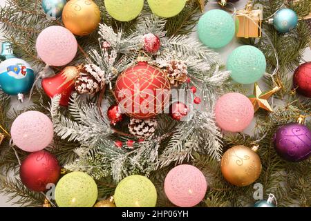 Colorful Christmas garland and decorative decorations for the Christmas tree Stock Photo