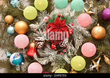 Colorful Christmas garland and decorative decorations for the Christmas tree Stock Photo