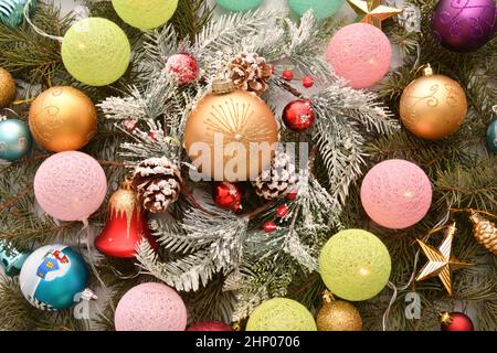 Colorful Christmas garland and decorative decorations for the Christmas tree Stock Photo