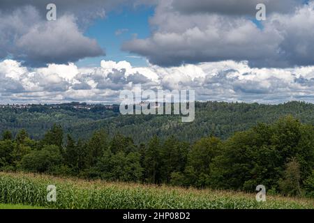 Small village on a hill in the middle of the forest and a field of corn Stock Photo