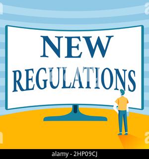 Inspiration showing sign New Regulations, Business idea rules made government order control something done Man Standing Illustration Standing Infront Stock Photo