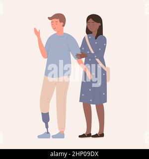 Dark skin girl helping boy with prosthesis leg. Supporting and assisting disabled people cartoon vector illustration Stock Vector