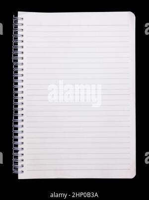 An open notebook, with blank rows, the paper surface is smooth but not too much. Isolated on a black background. Stock Photo