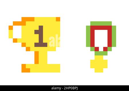 Pixel art: a golden cup and a medal (prizes for a competition). Stock Photo