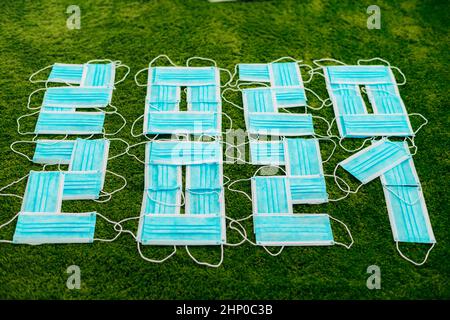 2020-2021 Year Composed of Blue Medical Masks Stock Photo