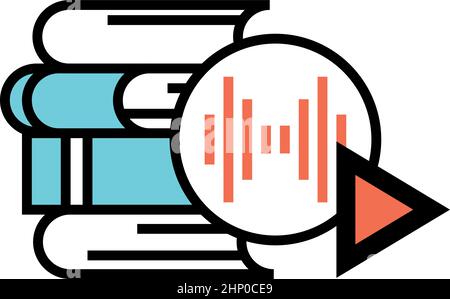 Book stack with play sound sign. Audiobook icon Stock Vector