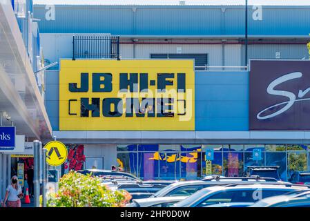 The brand name JB HI FI Home in black on a yellow background on the exterior of its store at Marden Park, Sydney, New South Wales, Australia Stock Photo